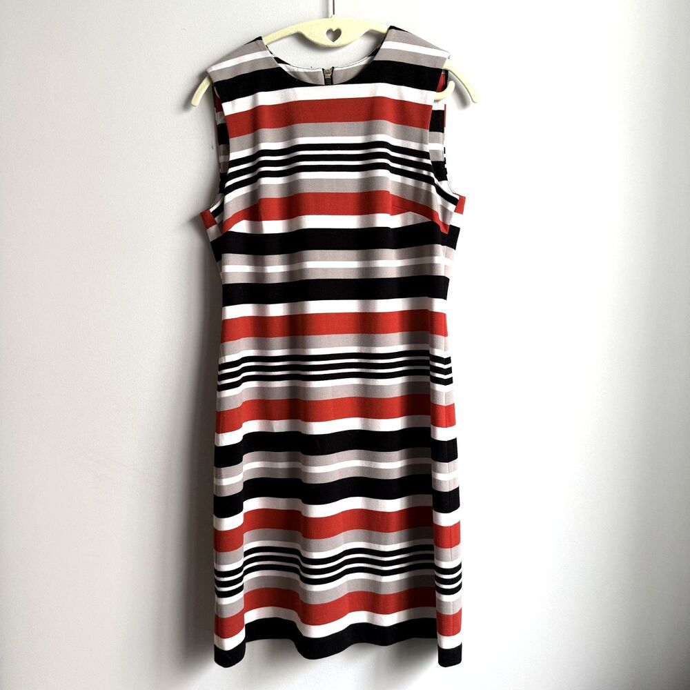 CALVIN KLEIN Scuba Sheath Dress 6P Stretch Zip Fitted Sleeveless Midi Red Stripe
